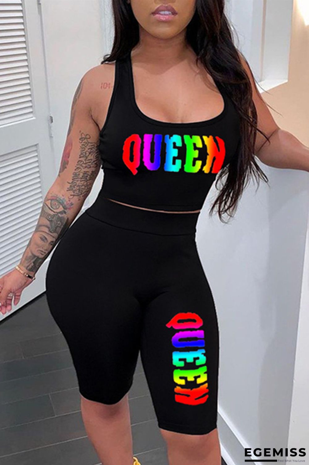 Black Fashion Casual Letter Print Vests U Neck Sleeveless Two Pieces | EGEMISS