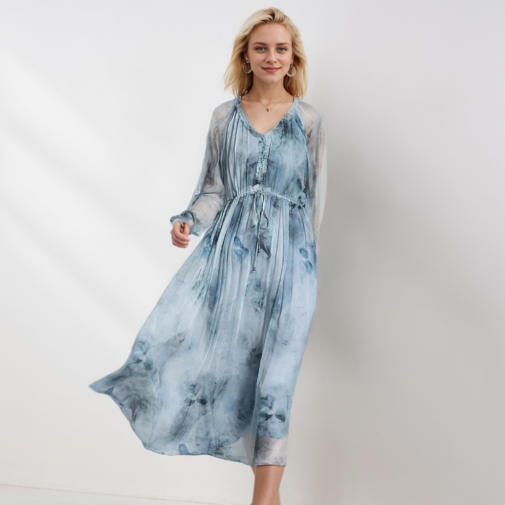 Silk Midi Dress Drawstring Waist Beach Syle REAL SILK LIFE