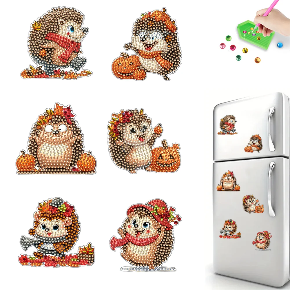 6Pcs DIY Autumn Hedgehog Acrylic Special Shape Diamond Painting Fridge Magnet