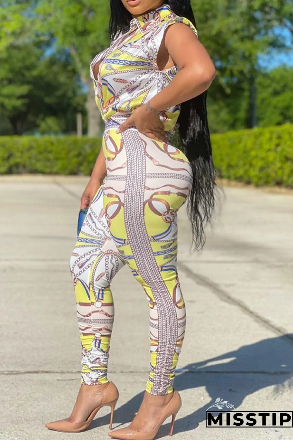 Blue Sexy Print Patchwork Turndown Collar Sleeveless Two Pieces