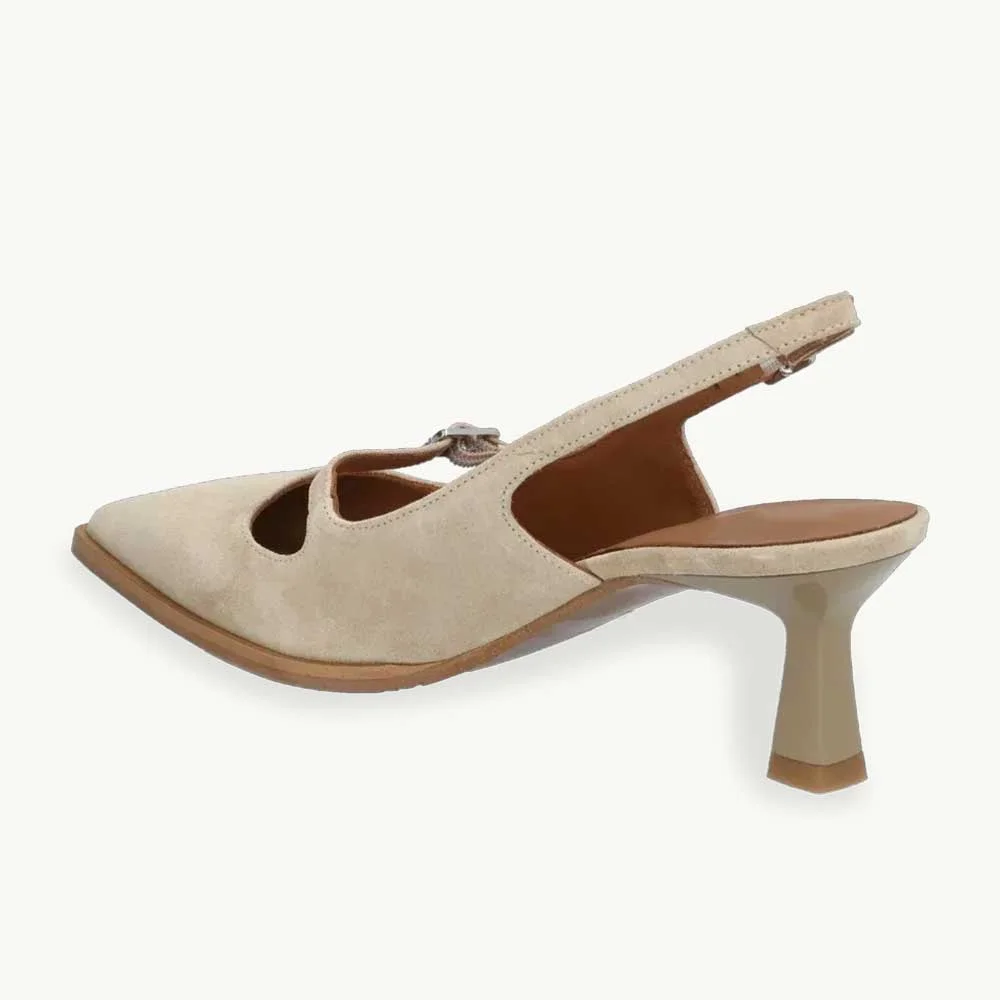 Elegant Beige Slingback Pumps Pointed Toe Buckle Strap Kitten Heels