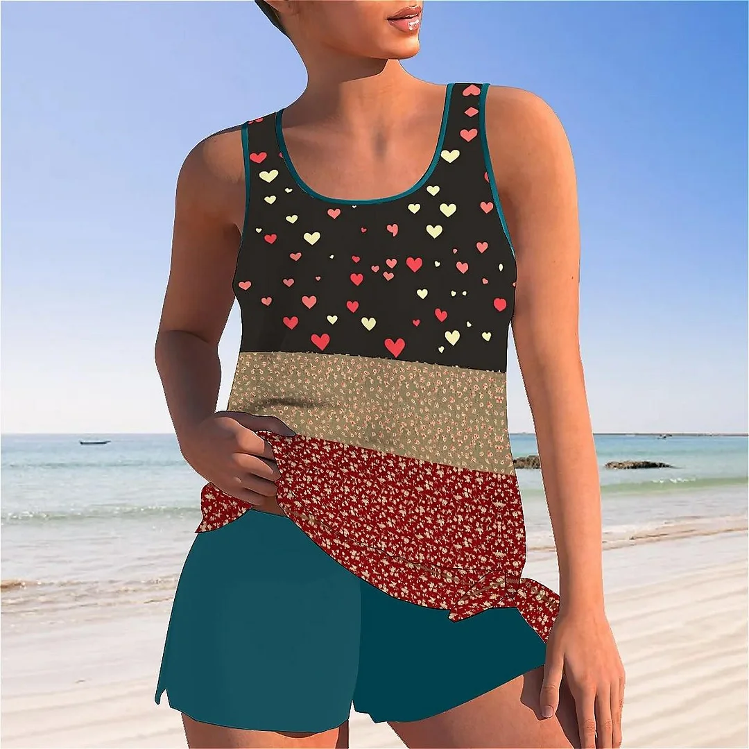 Bowknot Floral,Heart,Red,Light Coffe,Navy,Stitch Mid Waisted Tankini Set - Plus Size Available