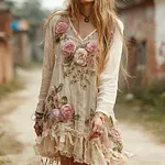 Vintage Bohemian Pink Rose Washable Round Neck Dress - Image 2