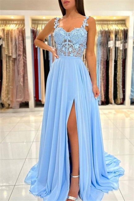 Bellasprom Sky Blue Sleeveless Prom Dress Long Chiffon Slit With Lace Appliques Bellasprom