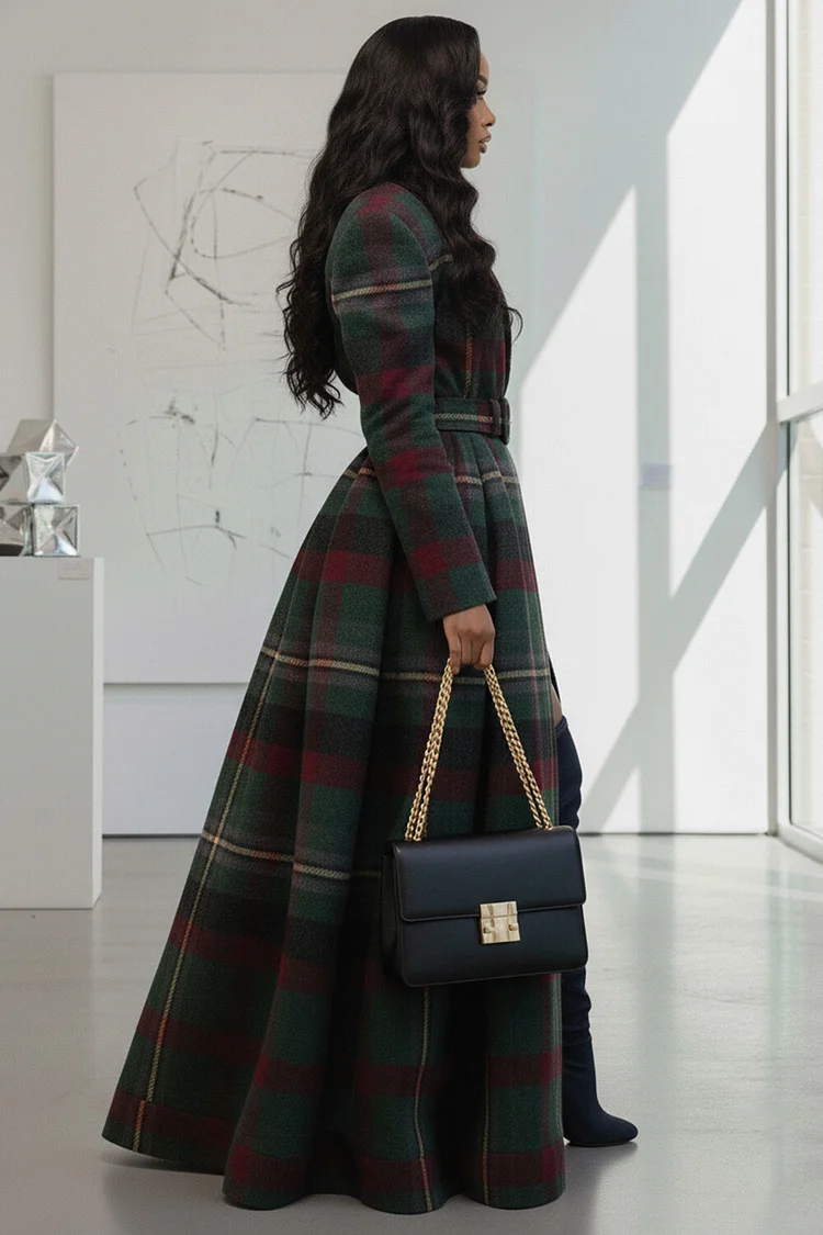 Plaid Lapel Collar Long Sleeve Cinched Waist Long Overcoat-Green [Pre Order]