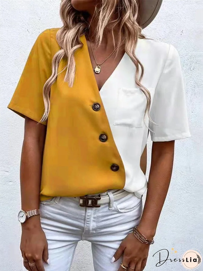 V-neck Chiffon Fashion Contrast Color Short-sleeved Shirt Top