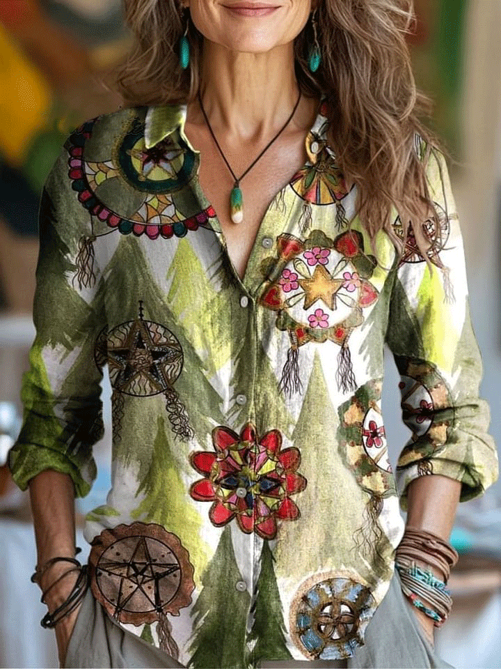 Women's Vintage Flower Art Print Casual Cotton Shirt