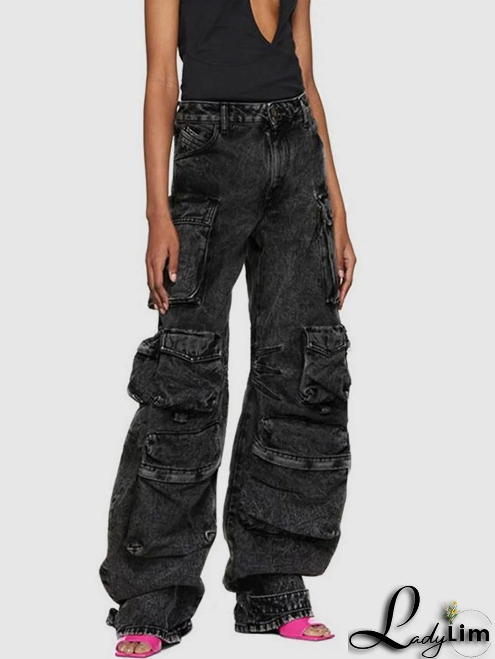 Casual Denim Cargo Pockets Design Wide Leg Jeans