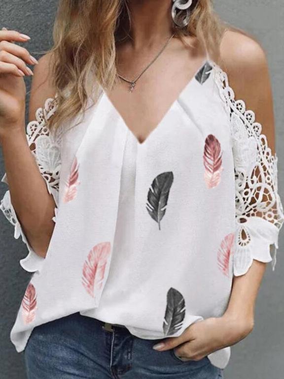 Casual Feather Print V-Neck Lace Off-The-Shoulder Top