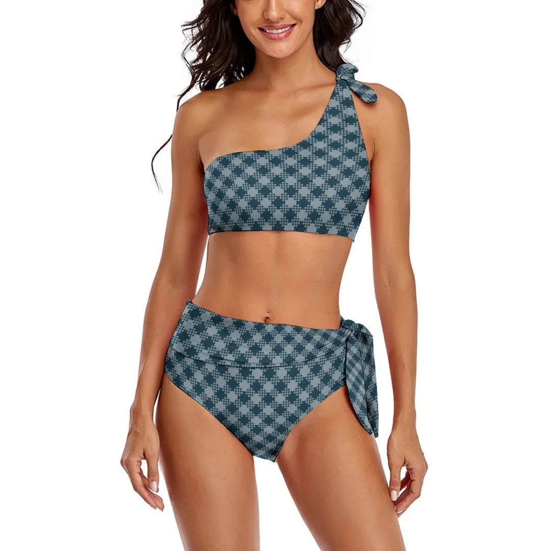 Classic Plaid Two-piece Swimsuit One Shoulder Crop Bikini Sets Flounce High Waist Ruffle Swimsuit