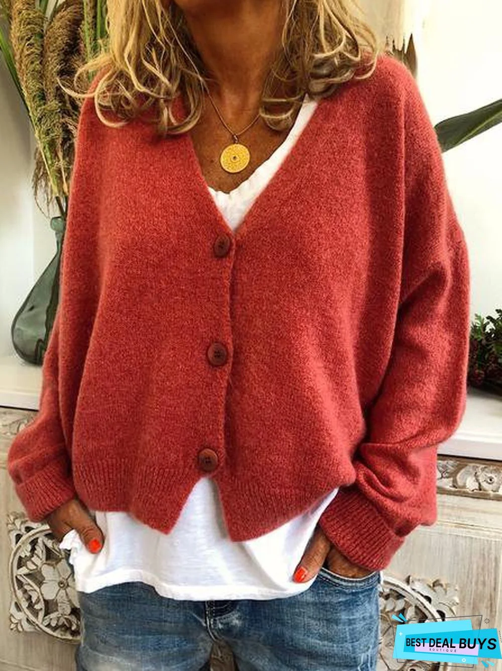 Fashion Solid Cardigan Wool Blend Sweater