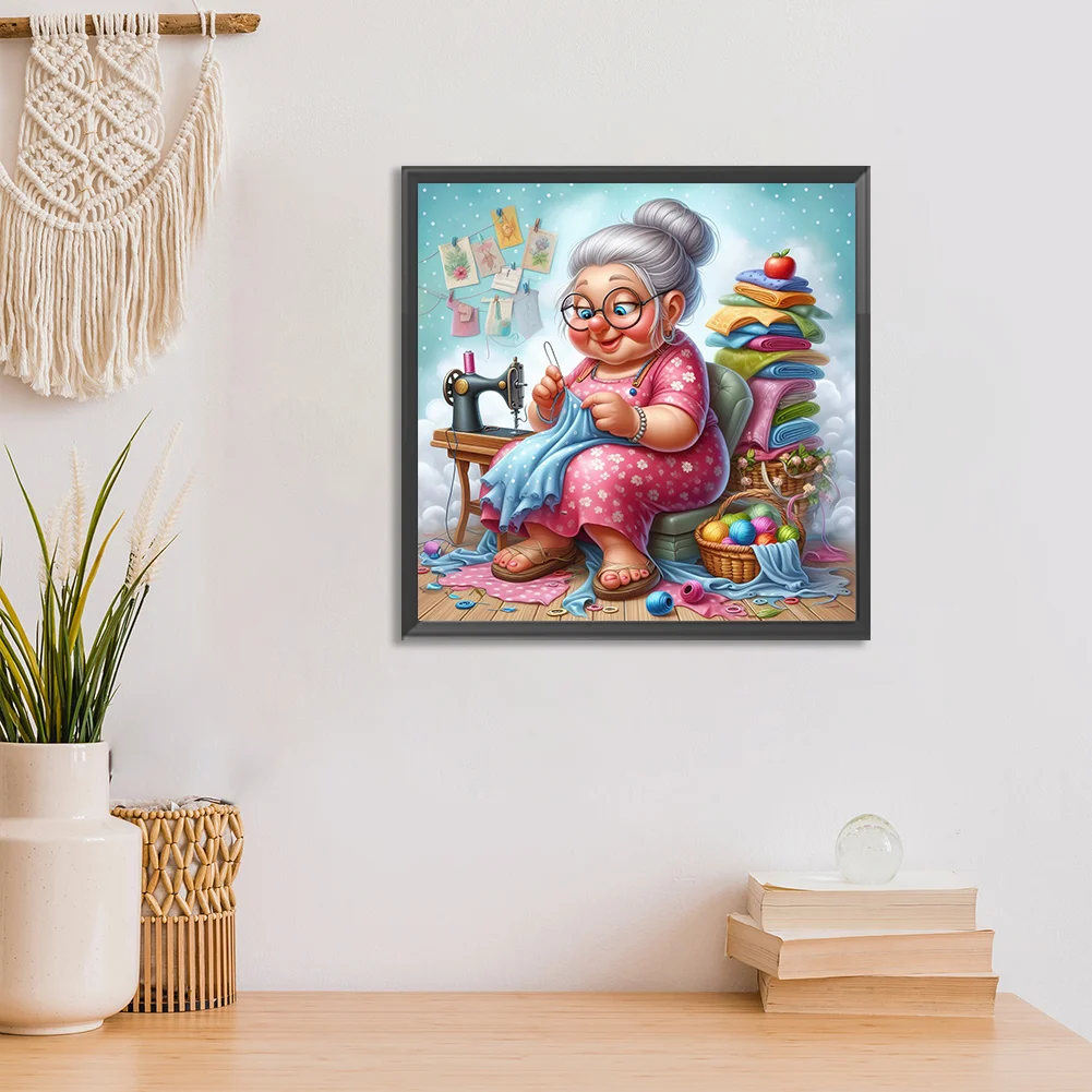 Diamond Painting - Full Round Drill - Old Lady Sewing(Canvas|30*30cm)