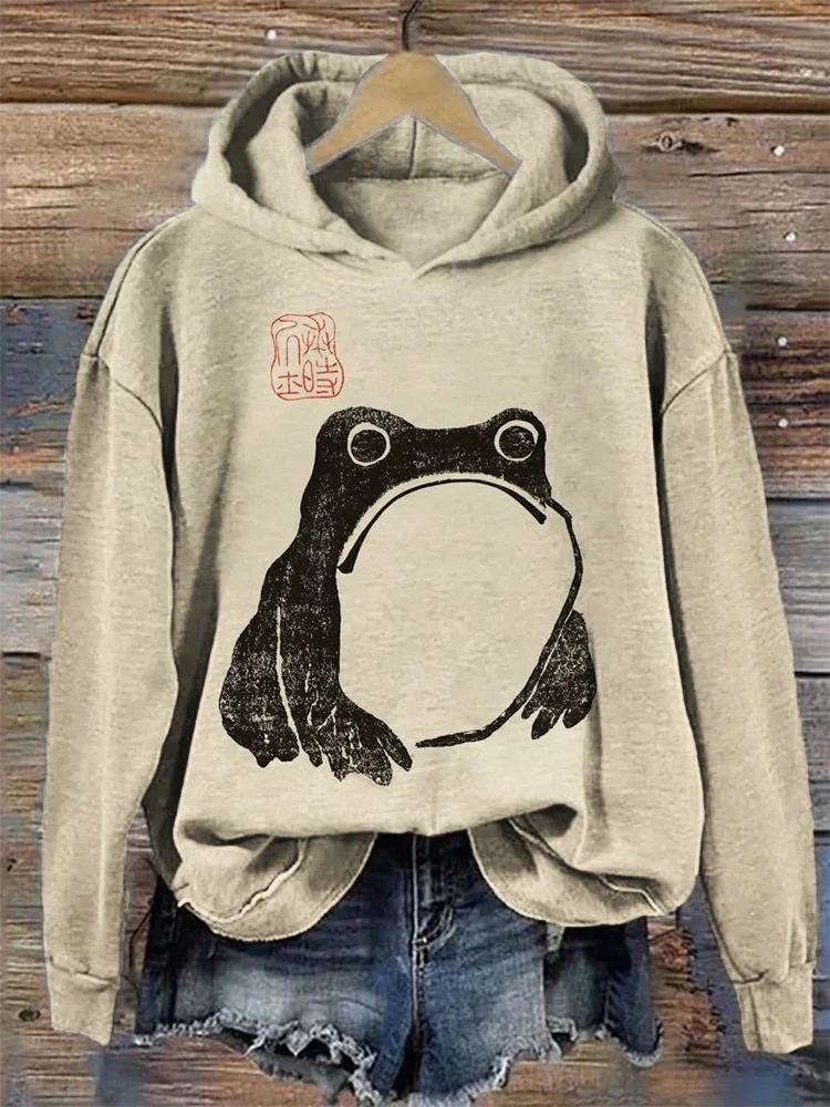 Women's Depressed Fat Frog Retro Graphic Print Hooded Sweatshirt