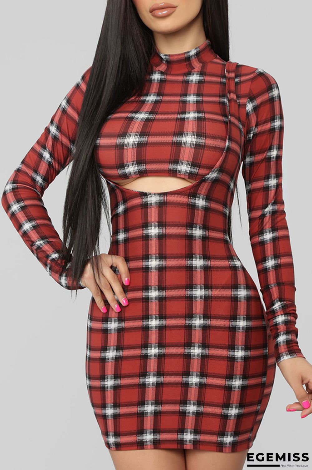 Red Fashion Long Sleeves O neck Hip skirt skirt Plaid | EGEMISS