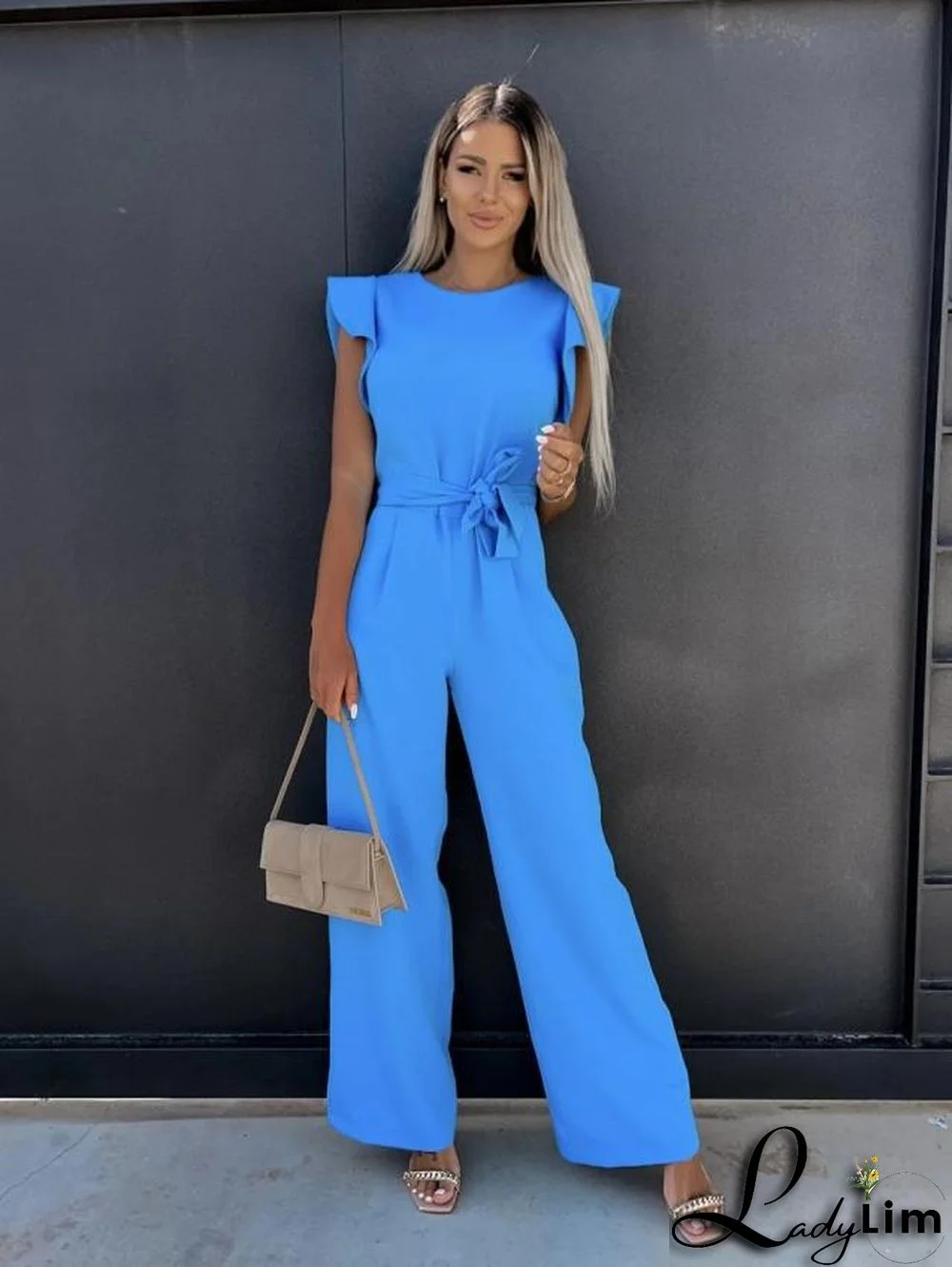 Women's Solid Color High Waist Career Wide Leg Jumpsuit with Belt