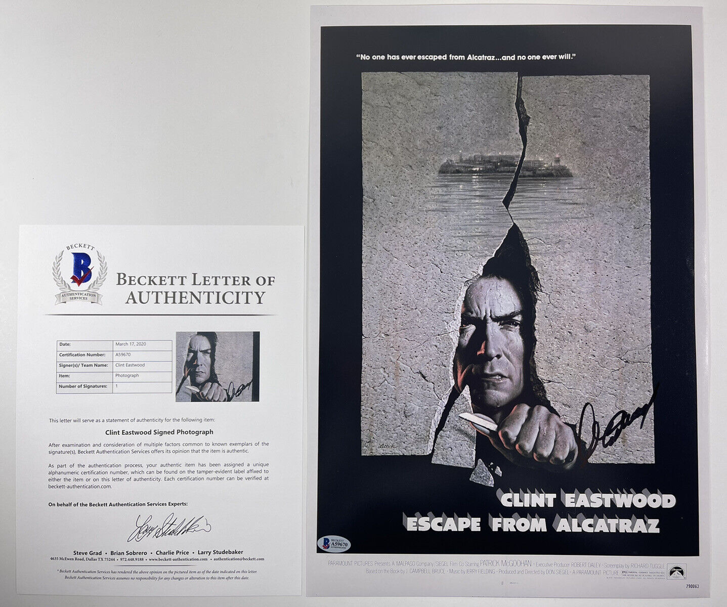 CLINT EASTWOOD SIGNED ESCAPE FROM ALCATRAZ 12x18 Photo Poster painting POSTER BAS LOA #A59670