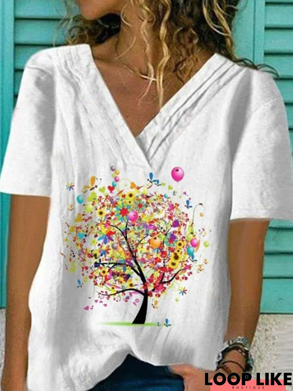 White Cotton-Blend V Neck Short Sleeve Top