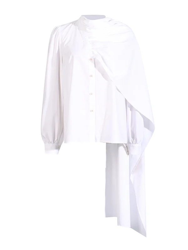 Toloer Toloer 2024 New Fashion Temperament Pure Color Scarf Collar Pleated Splicing Design Sense Sleeve Long Sleeve Women's Shirt-Outfit Ideas