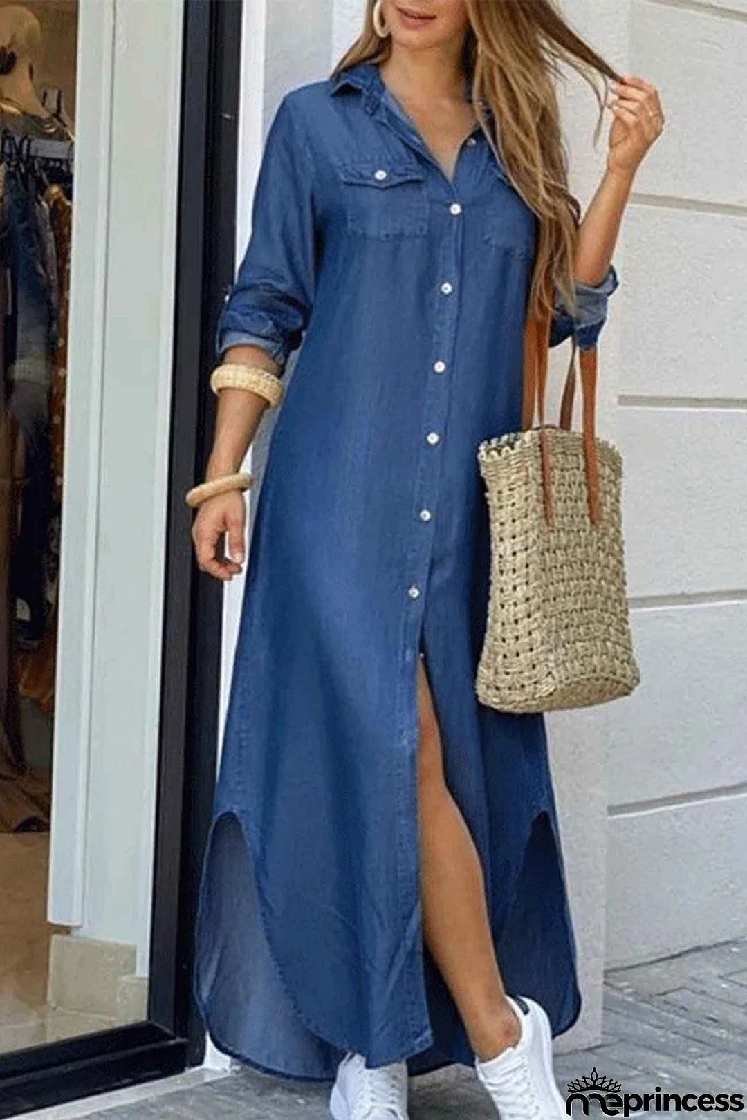 Long Sleeve Button Up Pocket Shirt Dress