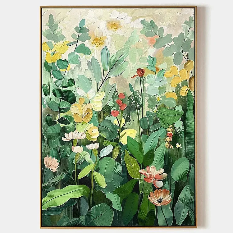 BOTANICAL GARDEN: Vertical Green and Yellow Floral Painting for Living Room（Canvas painting）