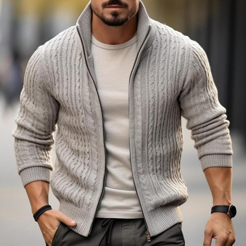 Men's Casual Solid Color Cable Tie Stand Collar Zipper Knitted Cardigan