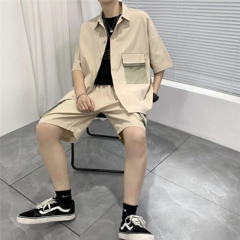 Woherb 2021 Summer Men's Sets Shirts and Shorts Fashion Oversize Suit Clothing Patchwork Cargo Pocket Short Sleeve Casual Streetwear