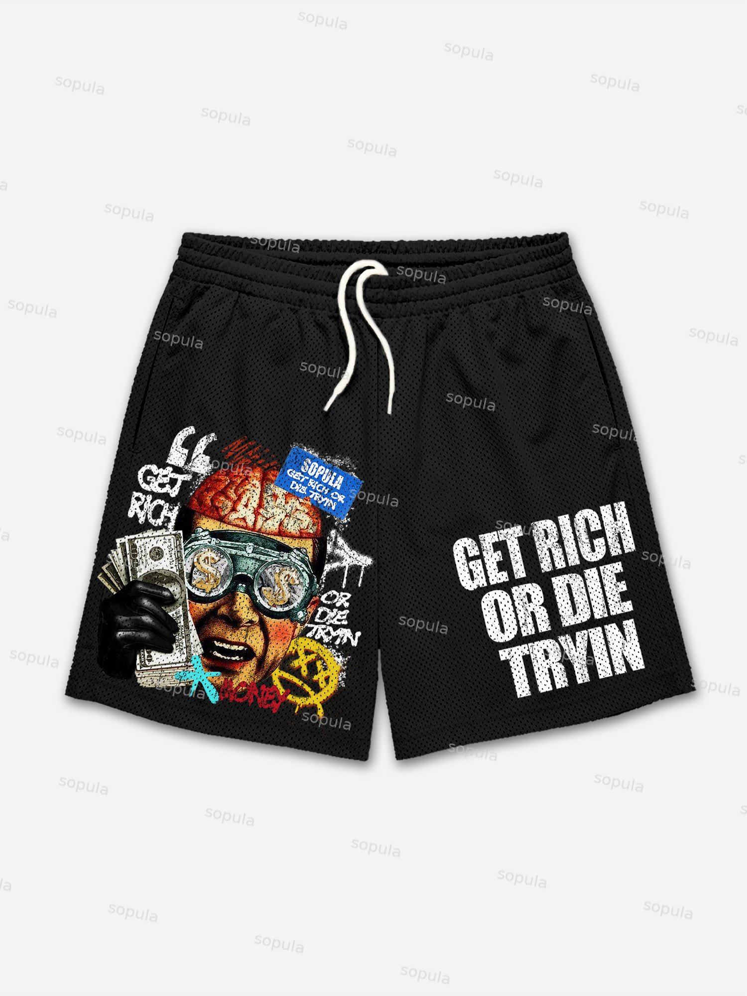 Vintage Get Rich Money Portrait Print Mesh Shorts - SOPULA