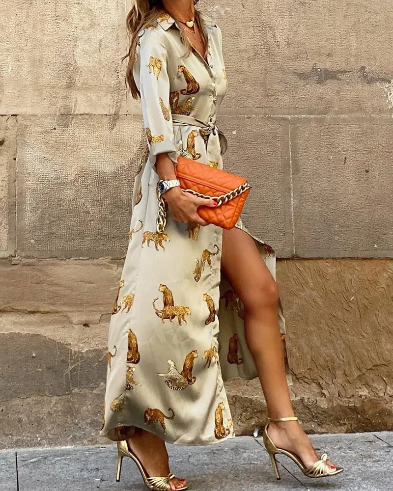 Printed Leopard V-neck Long-sleeved Dress