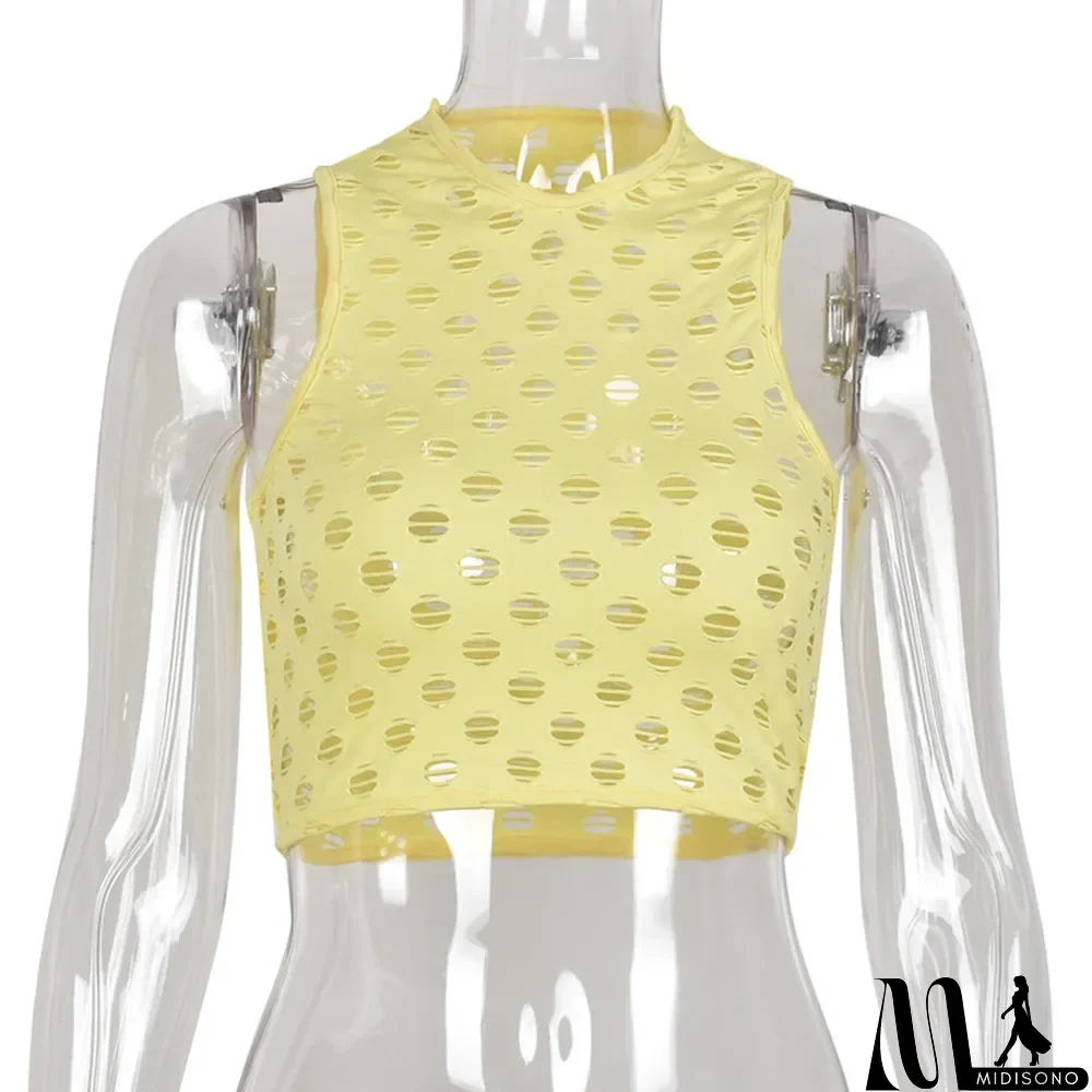 MidiSono - Yellow Fashion Sexy Solid Ripped Hollowed Out O Neck Tops