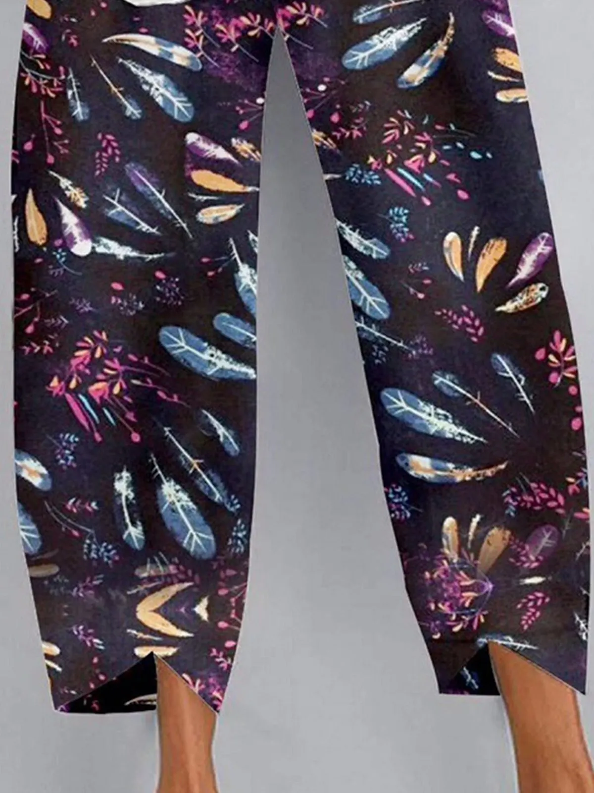 Vintage Geometric Floral Printed Pockets Plus Size Casual Pants