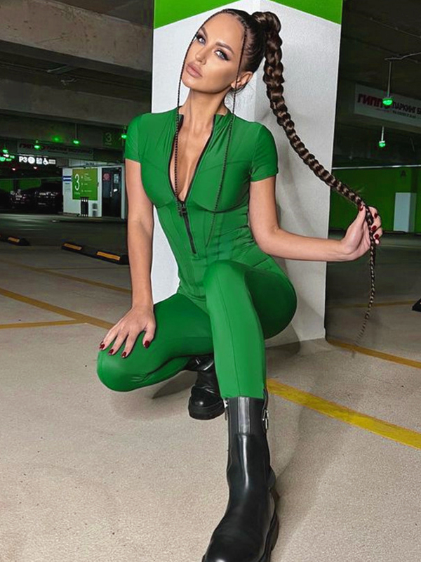 Skinny Wrap Solid Color Zipper Stand Collar Jumpsuits