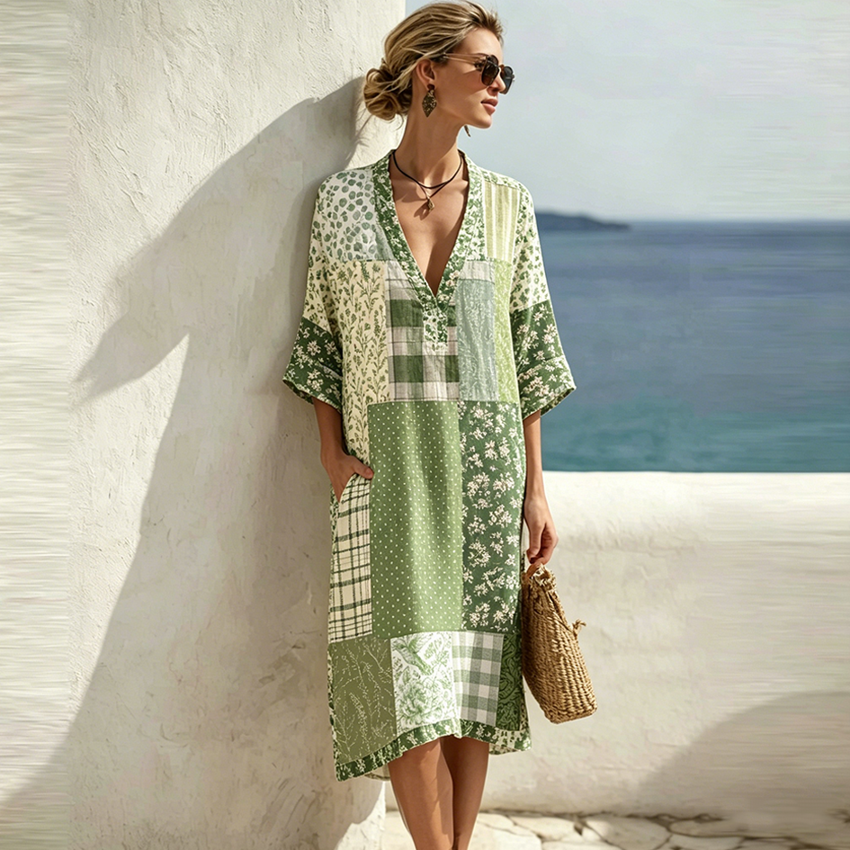 Comstylish Floral Pattern Design Women's Casual Linen Dress