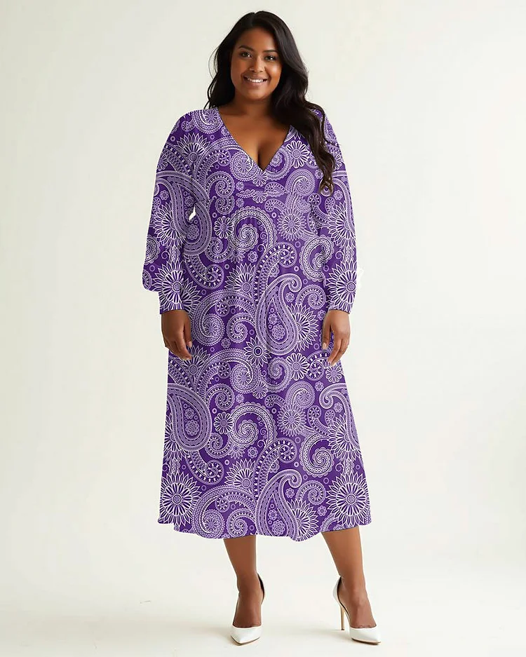 Plus Size Elegant Paisley Print Wrap Midi Dress