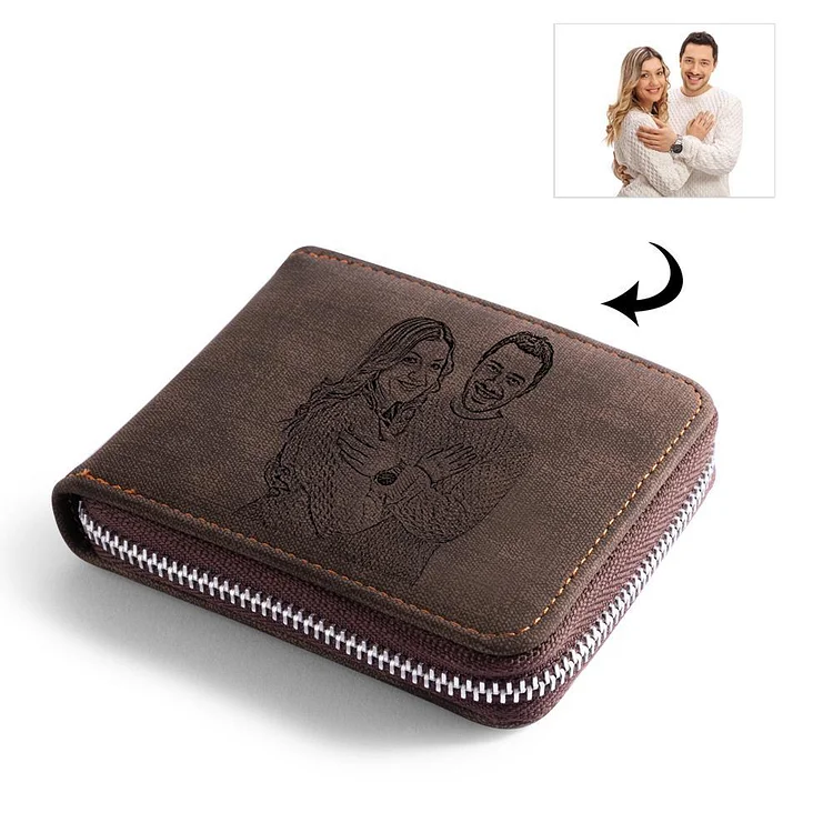 Men Photo Wallet Personalized With Zipper Short Style Brown Leather