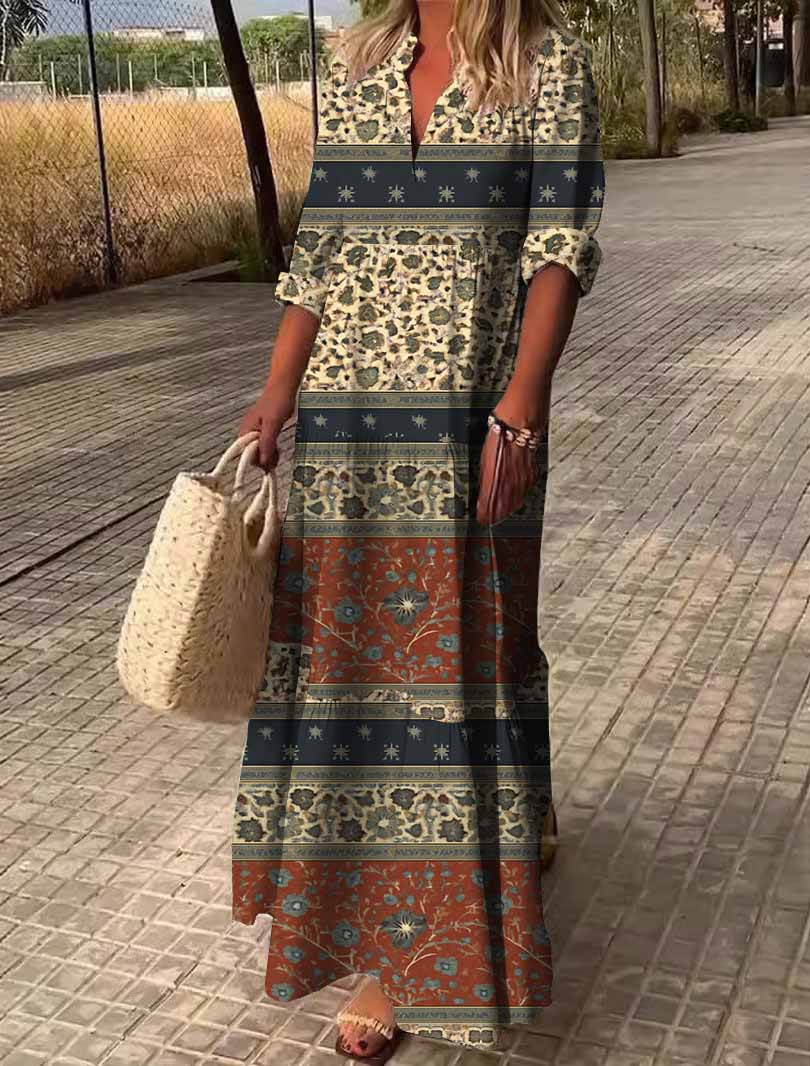 Women Floral, Red, Patchwork DZDN0053 SPU Printed Long Sleeve V-neck Maxi Dress