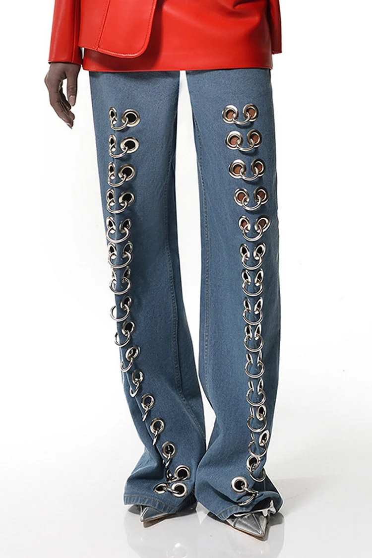 Fashion Eyelet Metal Rings Decor Denim Jeans-Blue
