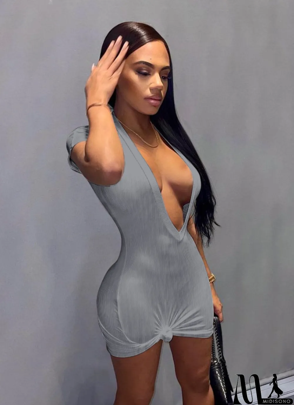MidiSono - Women Summer Grey Sexy V-neck Short Sleeves Solid Knitted Mini Straight Club Dress