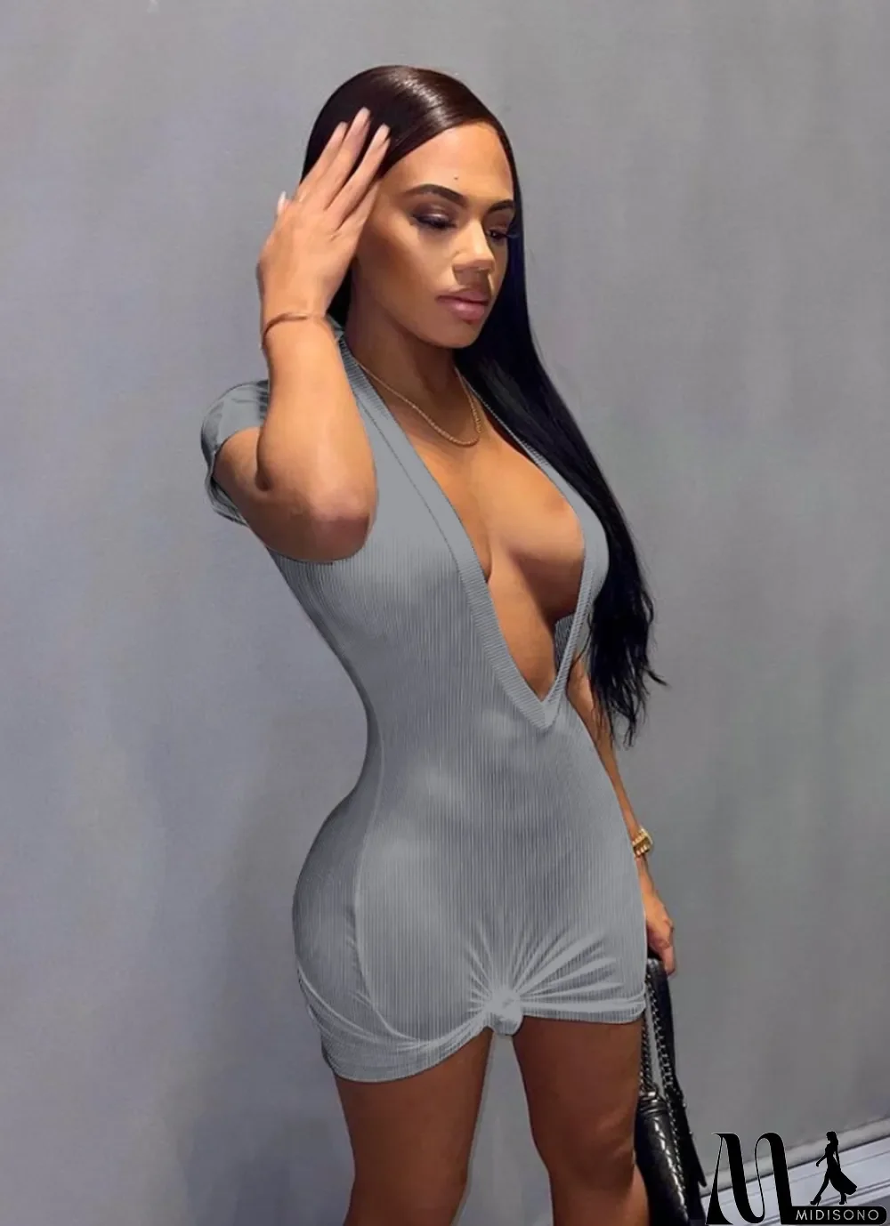 MidiSono - Women Summer Grey Sexy V-neck Short Sleeves Solid Knitted Mini Straight Club Dress