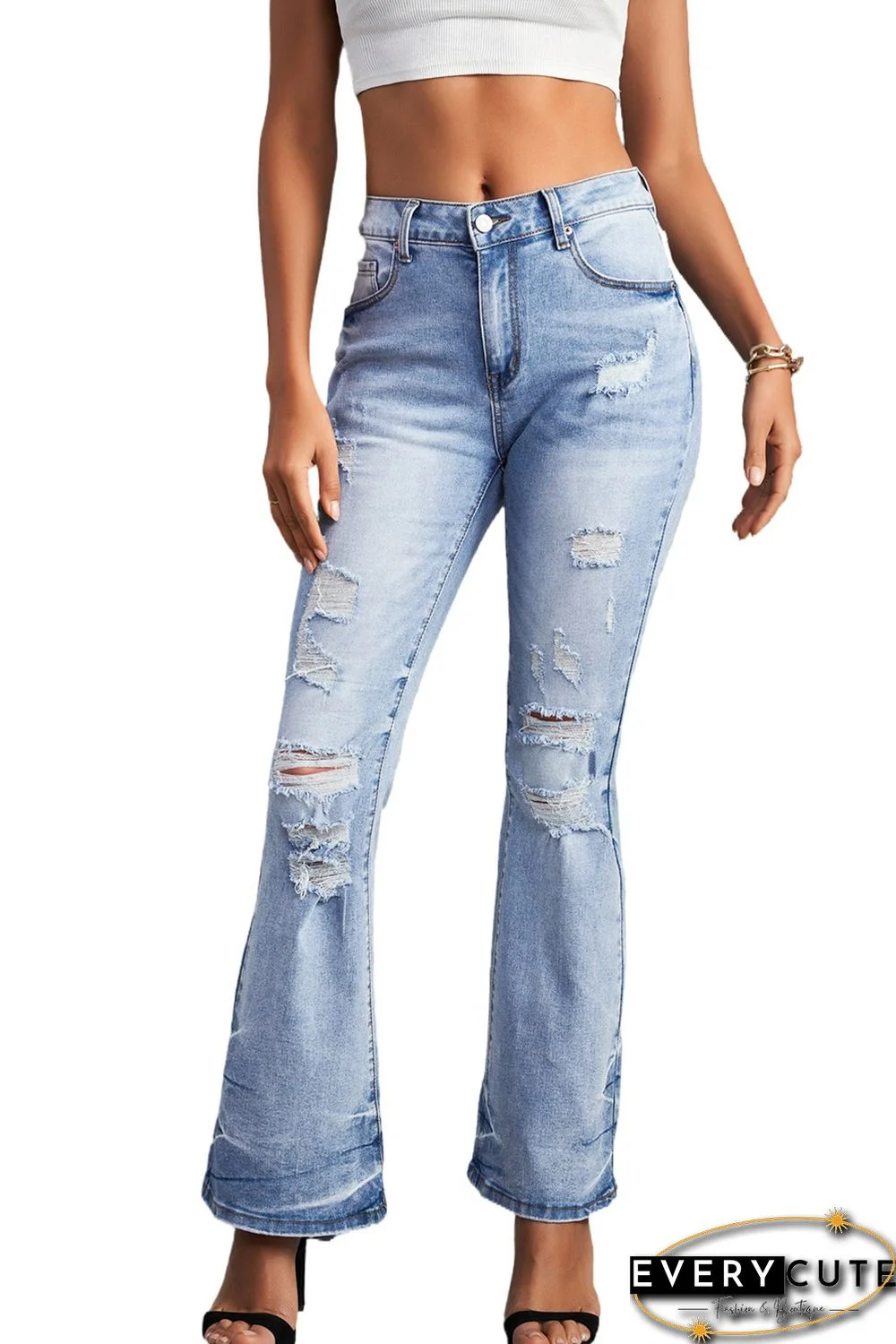 Sky Blue Distressed Mid Waist Ripped Flare Jeans