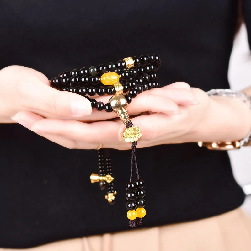 Black Obsidian Lotus 108 Beads Natural Fulfilment Mala Bracelet