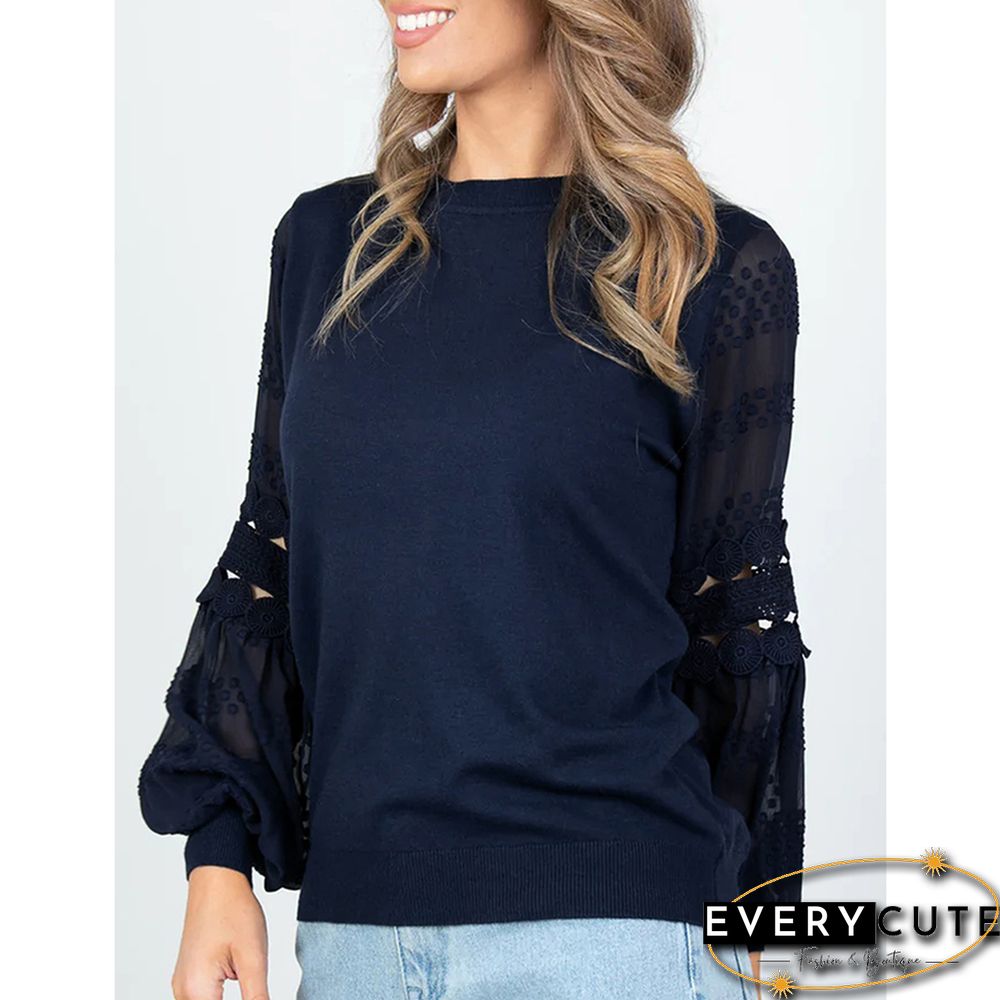 Navy Blue Splicing Hollow-out Lantern Sleeve Tops