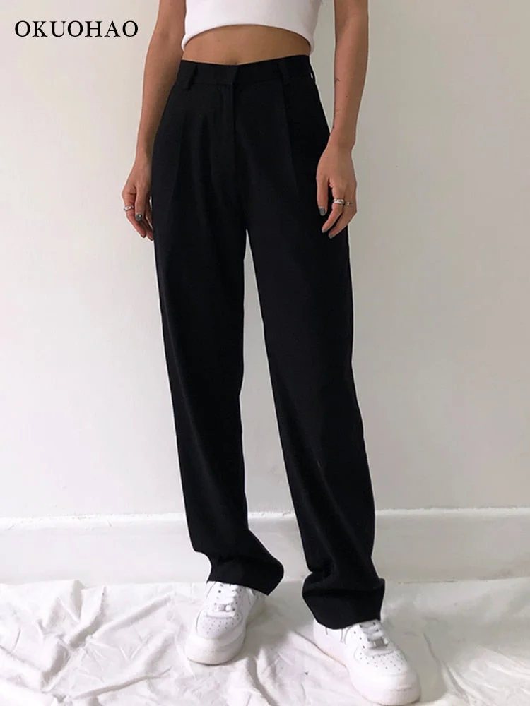 Graduation Gifts  2022 Fashion Straight Suit Women Pants High Waist Casual Office Lady Pants Full Length Wide Leg Loose  Female Black Mom Trousers
