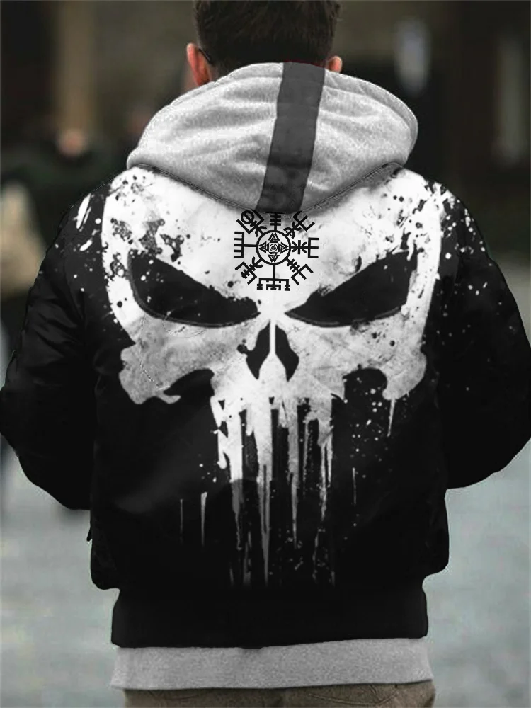 Wearshes Men's Viking Vegvisir Skull Contrast Color Bomber Jacket