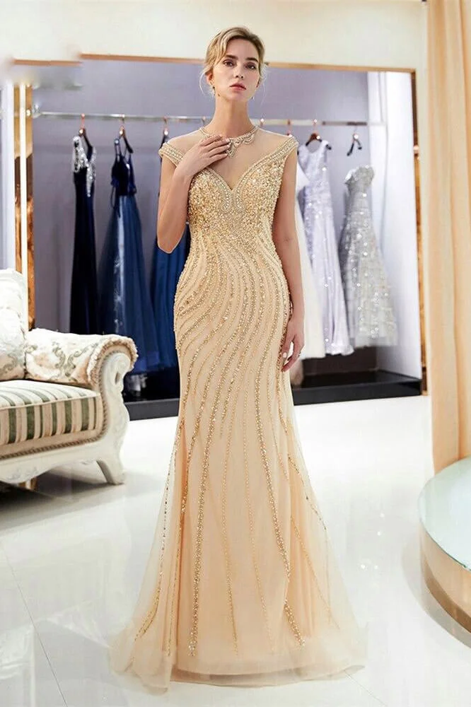 New Arrival Cap Sleeve Mermaid Prom Dress Long With Beads Crystals - lulusllly