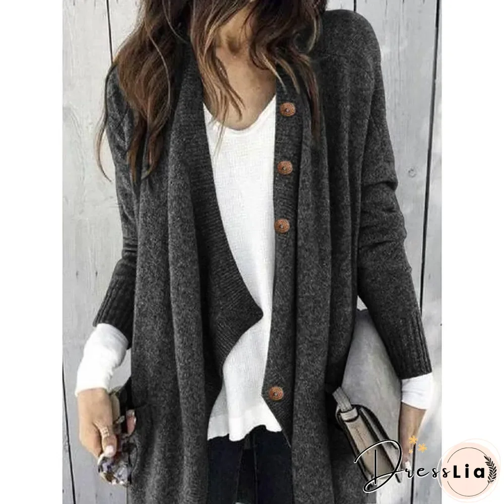 Large Size Solid Color Buttoned Casual Cardigan