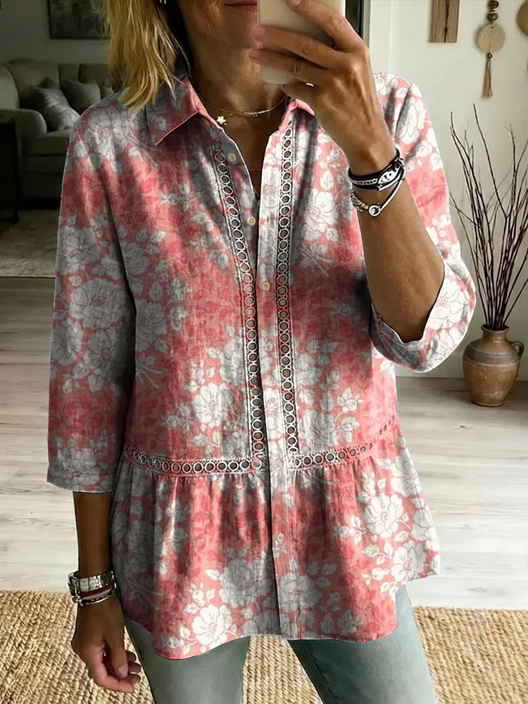 Floral Flowers Art Patterns Casual Patchwork Openwork Webbing Linen And Cotton Shirt