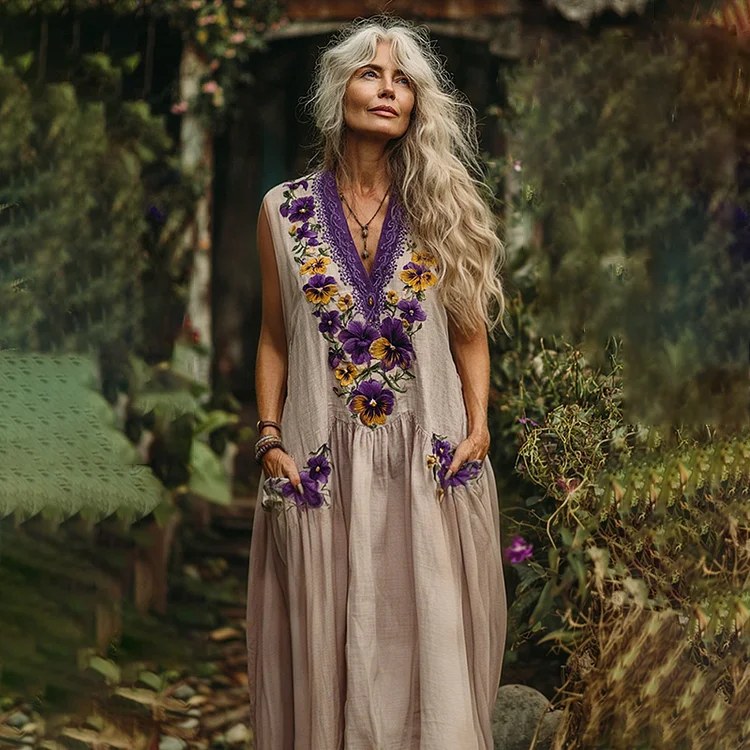 Women's Pansy Embroidery Design Linen Maxi Pocket Tank Dress