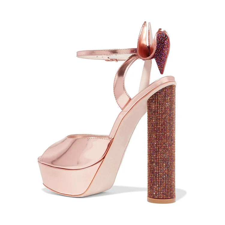 Rose Gold Metallic Rhinestone Bow Block Heel Prom Sandals Vdcoo