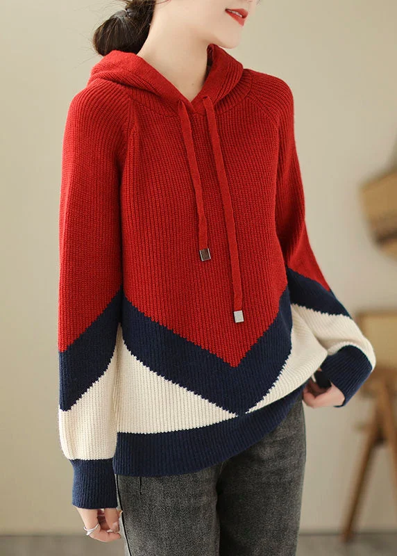 Modern Red Thick Patchwork Hooded Knit Pullover Fall
