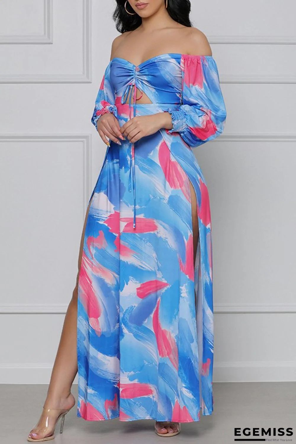 Blue Fashion Sexy Print Hollowed Out Slit Off the Shoulder Long Sleeve Dresses | EGEMISS
